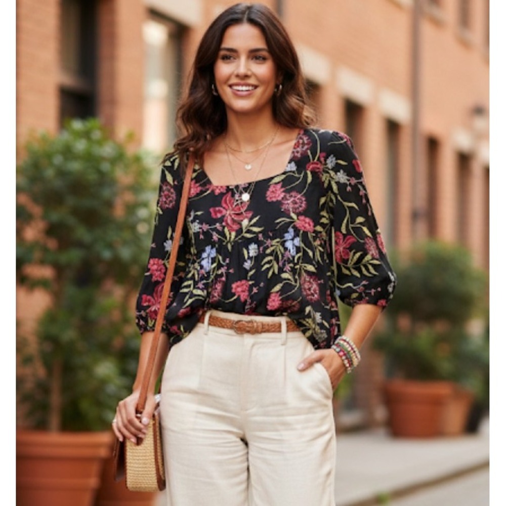 Anthropologie Dolan Babydoll Top Black Floral s Petite Flowy 160